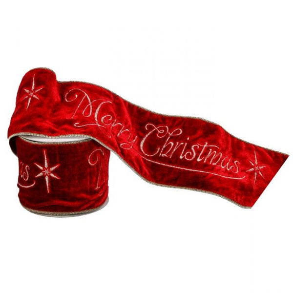 4"X 5 Yards Merry Christmas Embroidered Velvet Ribbon