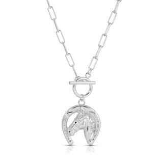 Large Horseshoe and Horse Pendant Paperclip Necklace