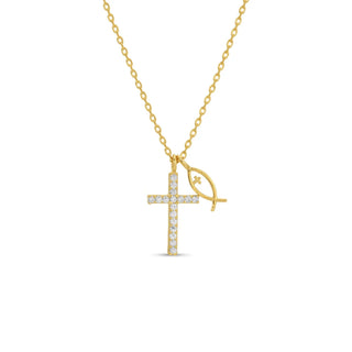 Simple CZ Cross Pendant with Ichthus Fish Charm Necklace