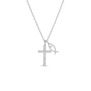 Simple CZ Cross Pendant with Ichthus Fish Charm Necklace
