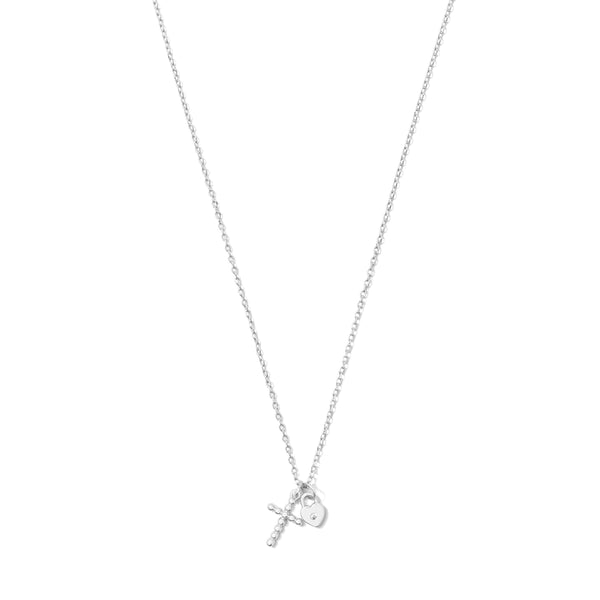 Cross and Heart Pendant Necklace- Silver