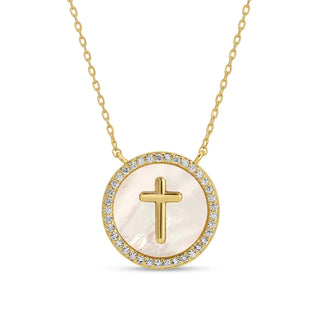 Round Pave Lined Shell Pendant Necklace with Cross