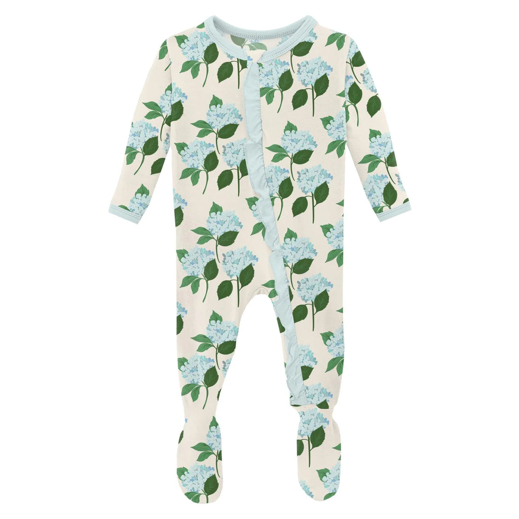 Print Layette Ruffle Footie with 2 Way Zipper in Hydrangea Bouquet