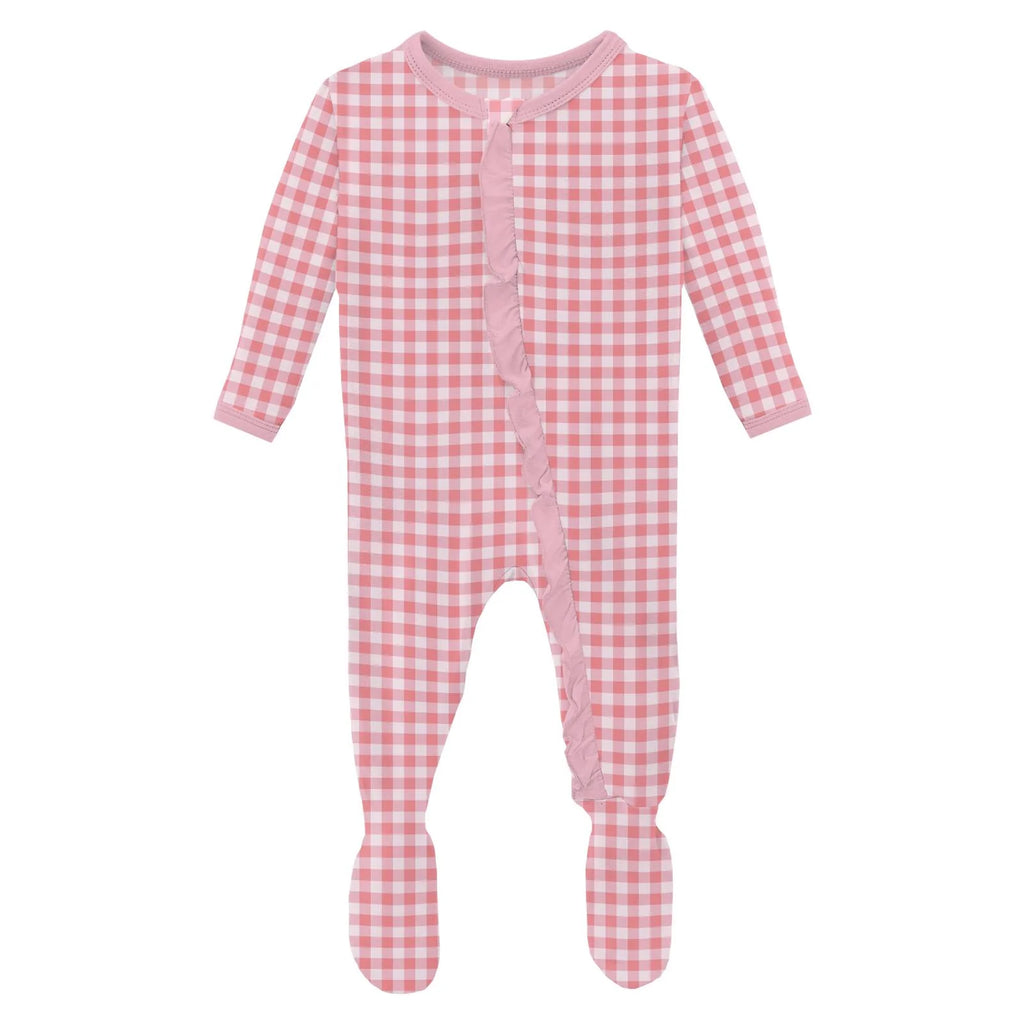 Print Layette Ruffle Footie with 2 Way Zipper in Cake Pop Gingham