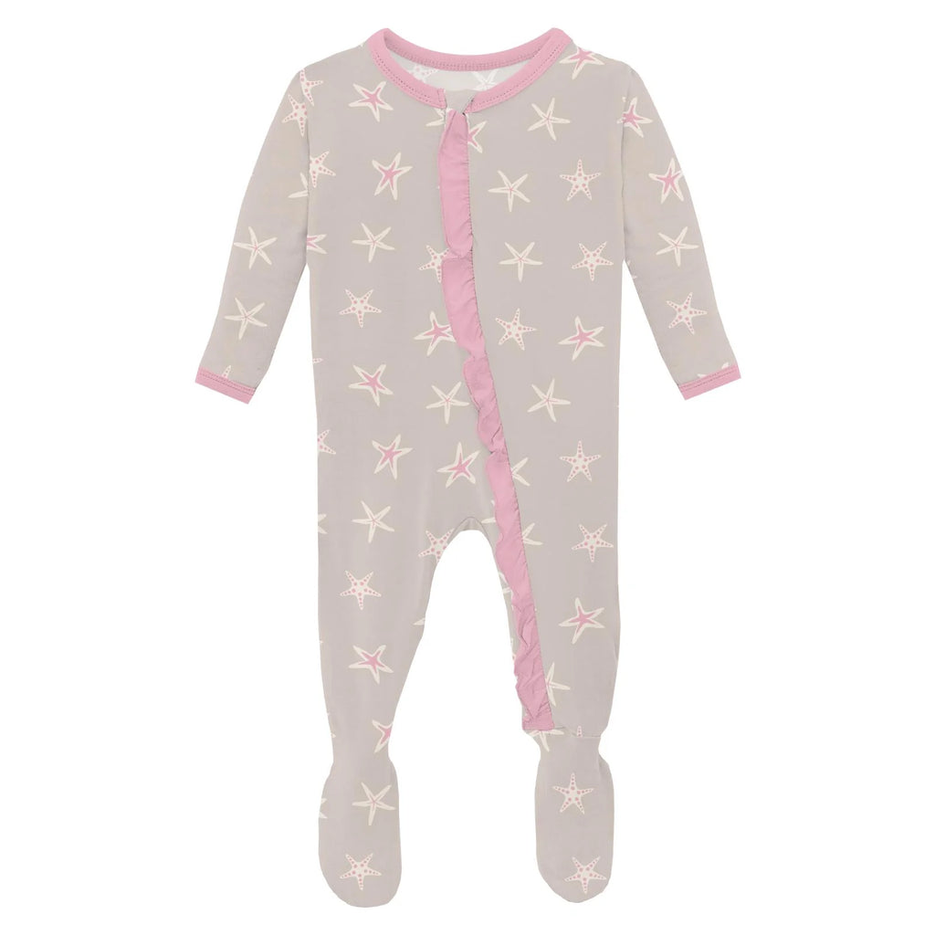 Latte Starfish Print Layette Ruffle Footie with 2 way Zipper
