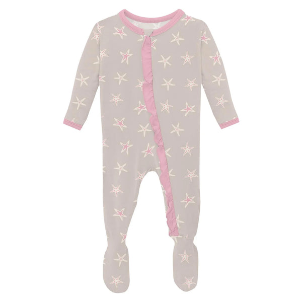 Latte Starfish Print Layette Ruffle Footie with 2 way Zipper