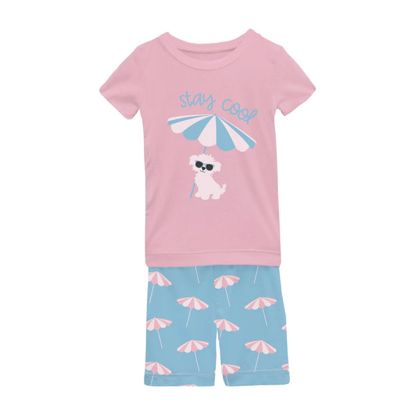 Seaside Blue Beach Umbrellas SS Graphic Tee Pajama Set with Shorts