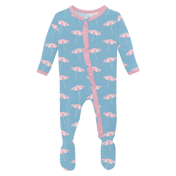Seaside Blue Beach Umbrellas Print Layette Ruffle Footie with 2 way Zipper