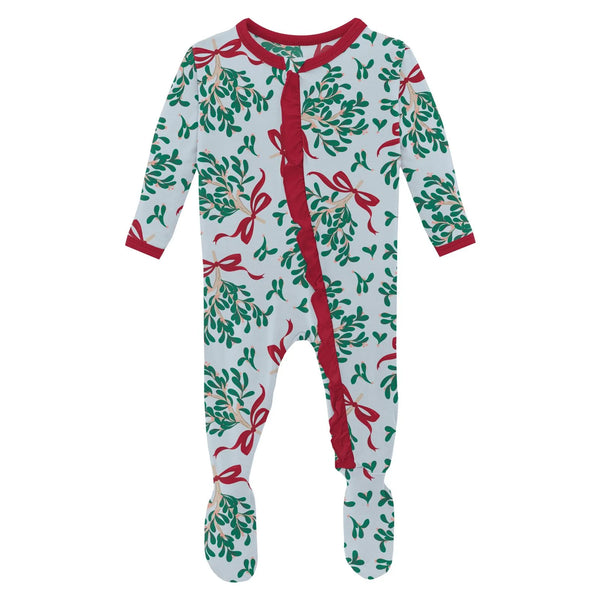 Mistletoe Print Classic Ruffle Footie with 2 Way Zipper