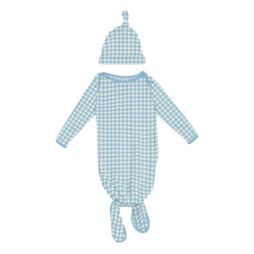 Print Knotted Layette Gown & Hat Set in Seaside Blue Gingham