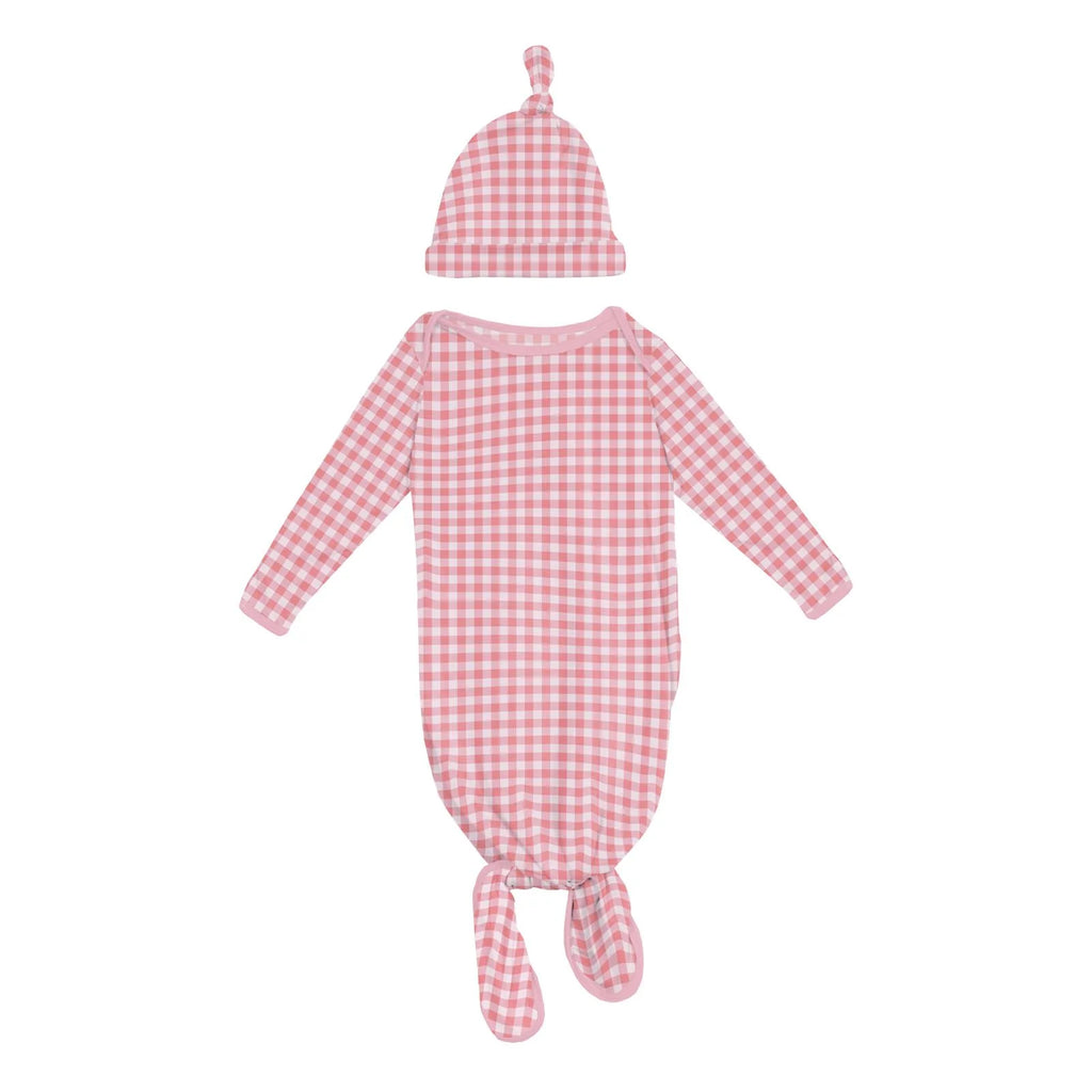 Print Knotted Layette Gown & Hat Set in Cake Pop Gingham