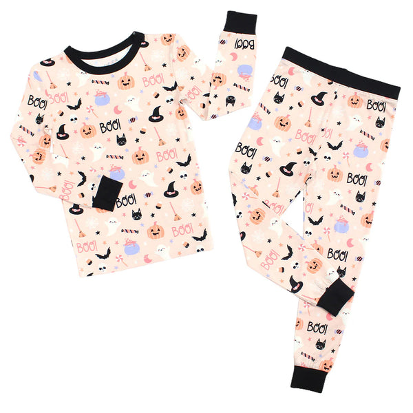 Sweet and Spooky Glow-in-the-Dark Halloween Two-Piece Bamboo Long Sleeve Kids Pajama Pants Set