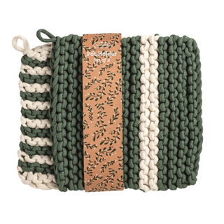 Double White  & Green Stripe Pot Holder Set