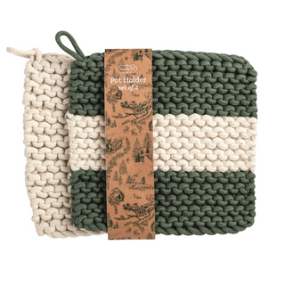 White Middle White & Green Stripe Pot Holder Set