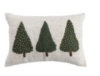 Wool Lumbar Pillow with Embroidered Trees & Beads
