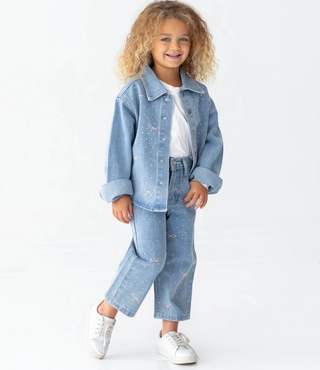 Bow Embroidered Rhinestone Wide Leg Denim Jeans