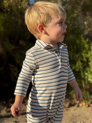Snuggle Cosy Fabric Polo Romper - China/White Stripe