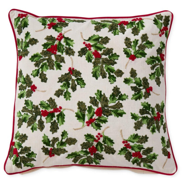20" Holly Leaves & Berries Cream Cotton Pillow