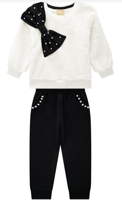 Off White Faux Fur Top with Bow & Black Pants Set