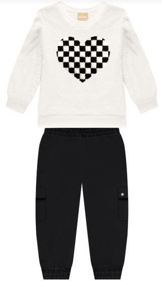 Off White Faux Fur Top with Heart & Black Pants Set