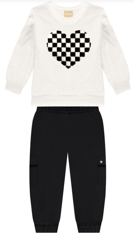 Off White Faux Fur Top with Heart & Black Pants Set