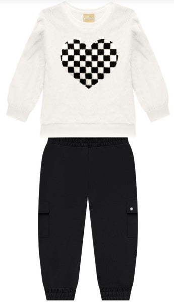 Off White Faux Fur Top with Heart & Black Pants Set