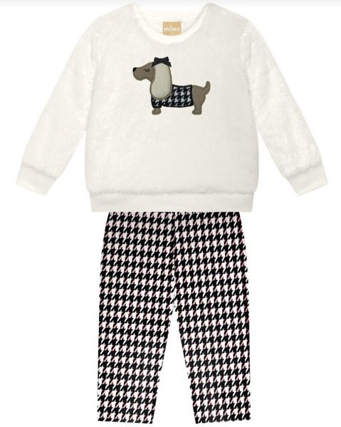 Houndstooth Pants & Faux Fur Dachshund Top Set