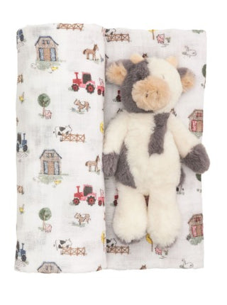 Farm Swaddle and Cow Plush Rattle Set