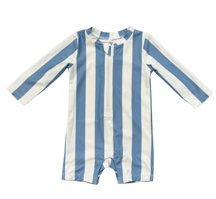 Spring Blue Stripe One-Piece Rash Guard Swimsuit