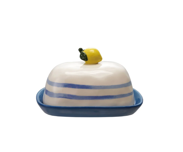 Hand-Printed Stoneware Butter Dish w/ Lemon Handle