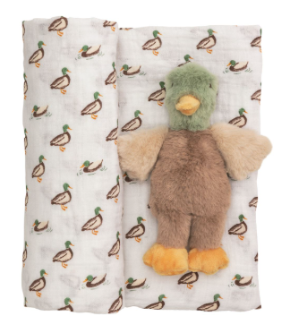 Mallard Duck Swaddle and Plush Rattle Set
