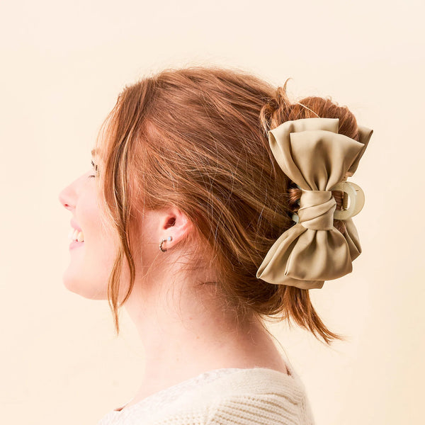 Satin Bow Claw Clip - Beige