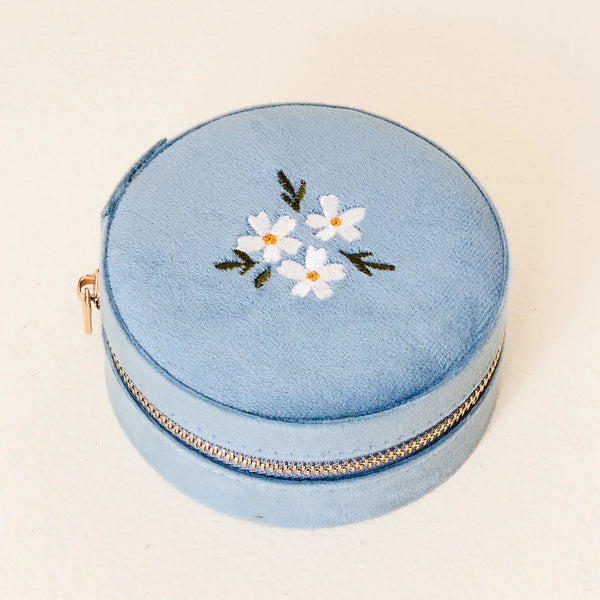 Round Velvet Jewelry Case - Floral Misty Blue