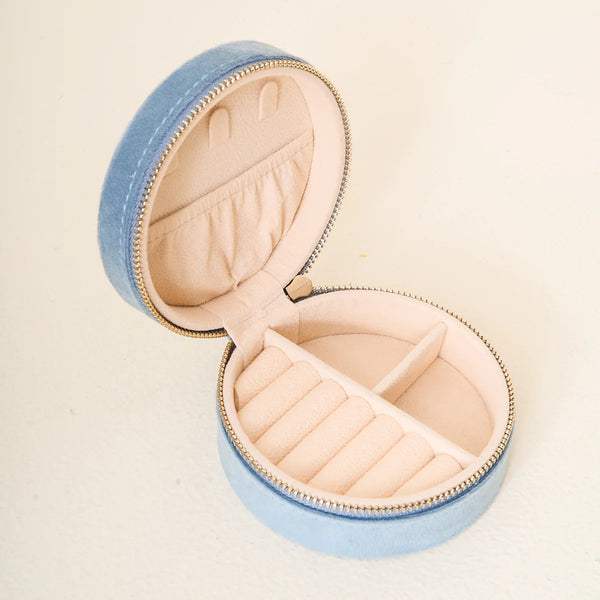 Round Velvet Jewelry Case - Floral Misty Blue
