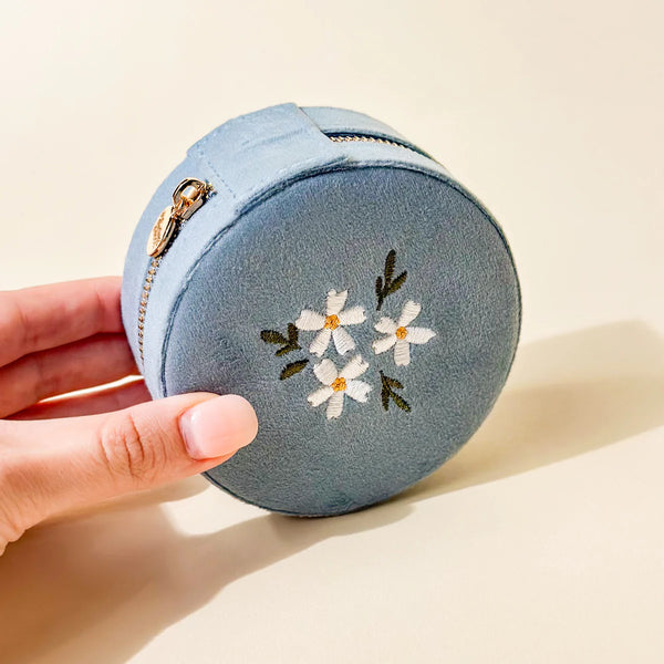 Round Velvet Jewelry Case - Floral Misty Blue