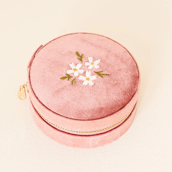 Round Velvet Jewelry Case Floral Rose