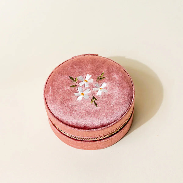 Round Velvet Jewelry Case Floral Rose