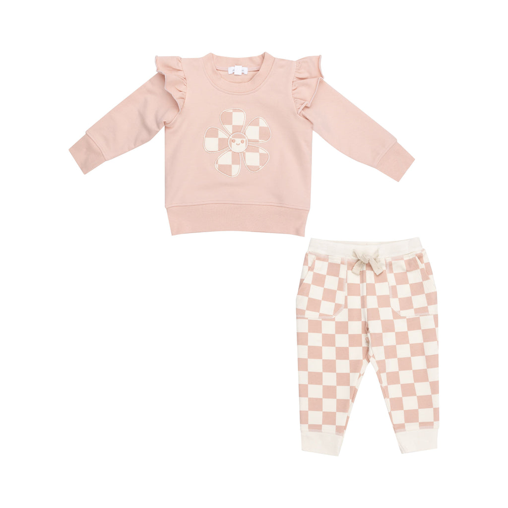 French Terry Checkerboard Pink Ruffle Patch Sweatshirt and Jogger