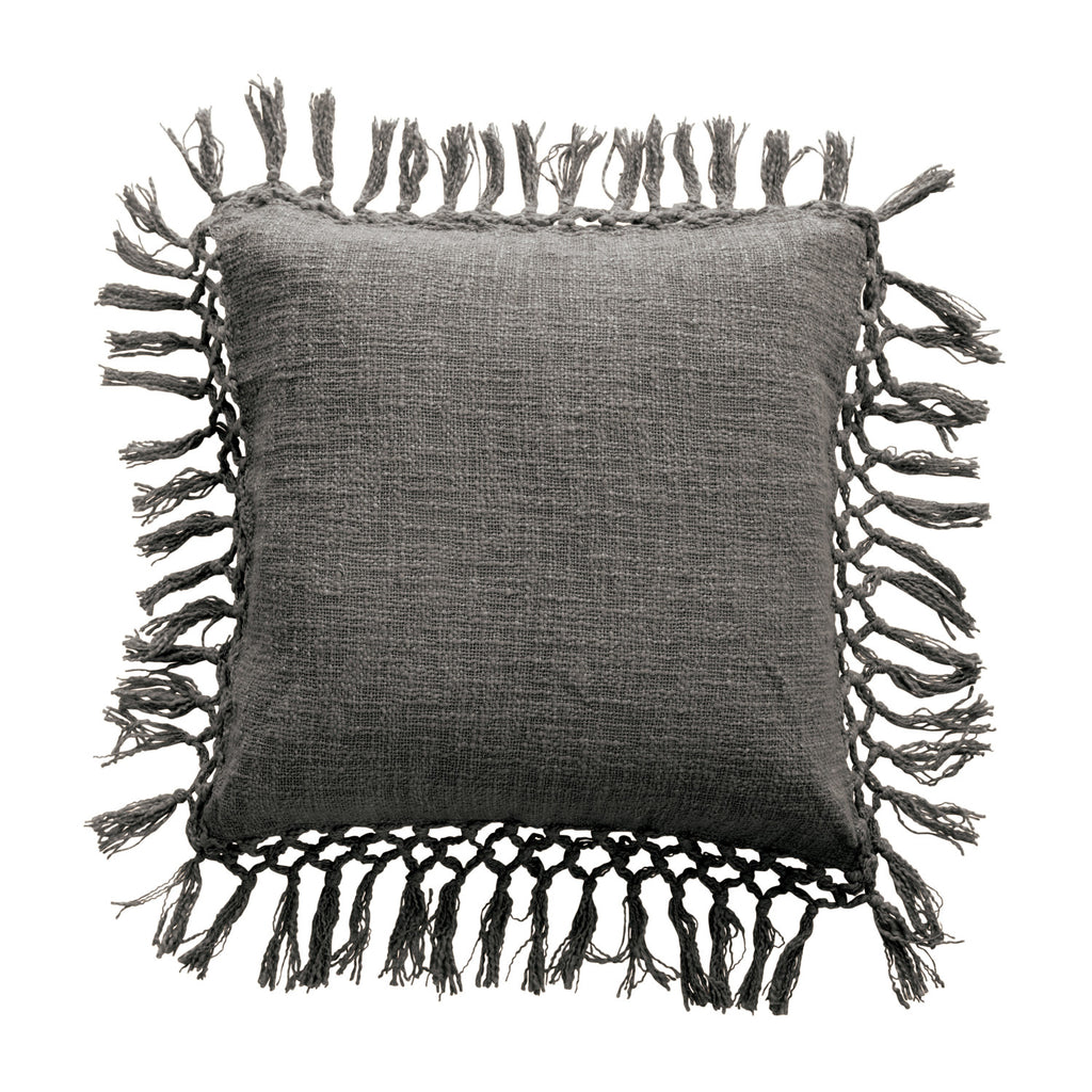 20" Cotton Slub Pillow w/ Crochet & Fringe, Polyester Fill