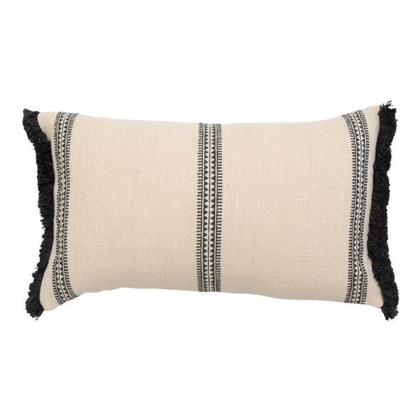 24" x 14" Cotton Slub Lumbar Pillow w/ Embroidered Stripes & Fringe