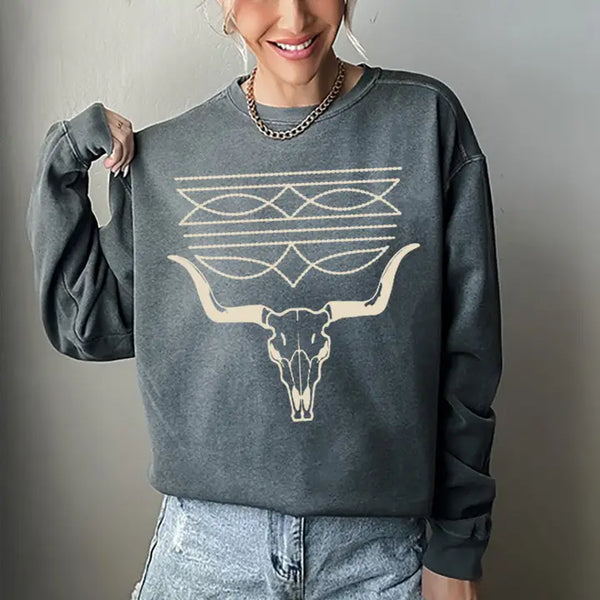 Western Stitch with Cowskull Graphic Sweatshirt