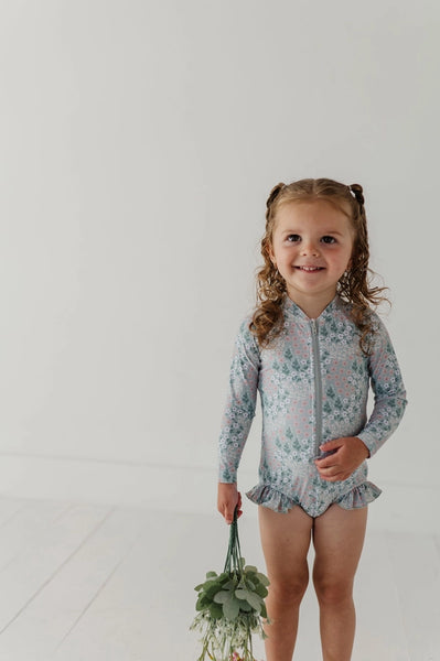 Ruffle Rash Guard Swimsuit in Aqua Grey Floral