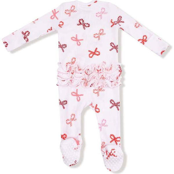 Candy Cane Bows Ruffle Back Footie Sleeper