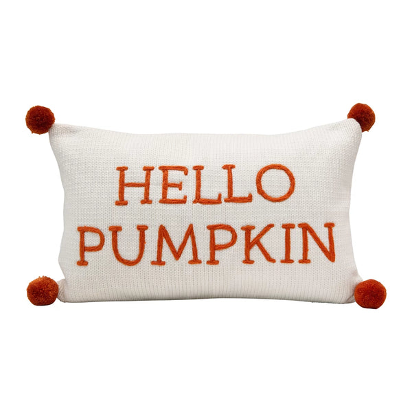Knit Lumbar Pillow with Embroidery & Pom Poms