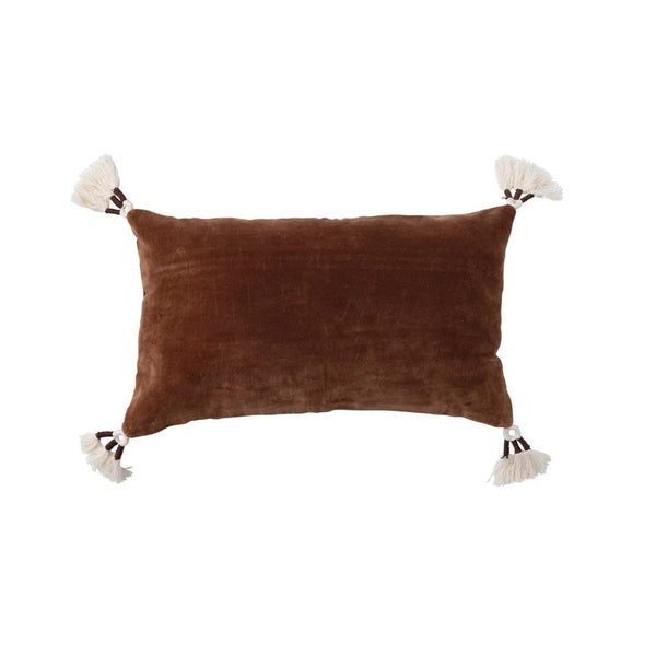 Cotton Velvet Lumbar Pillow w/ Tassels, Brown & Cream Color