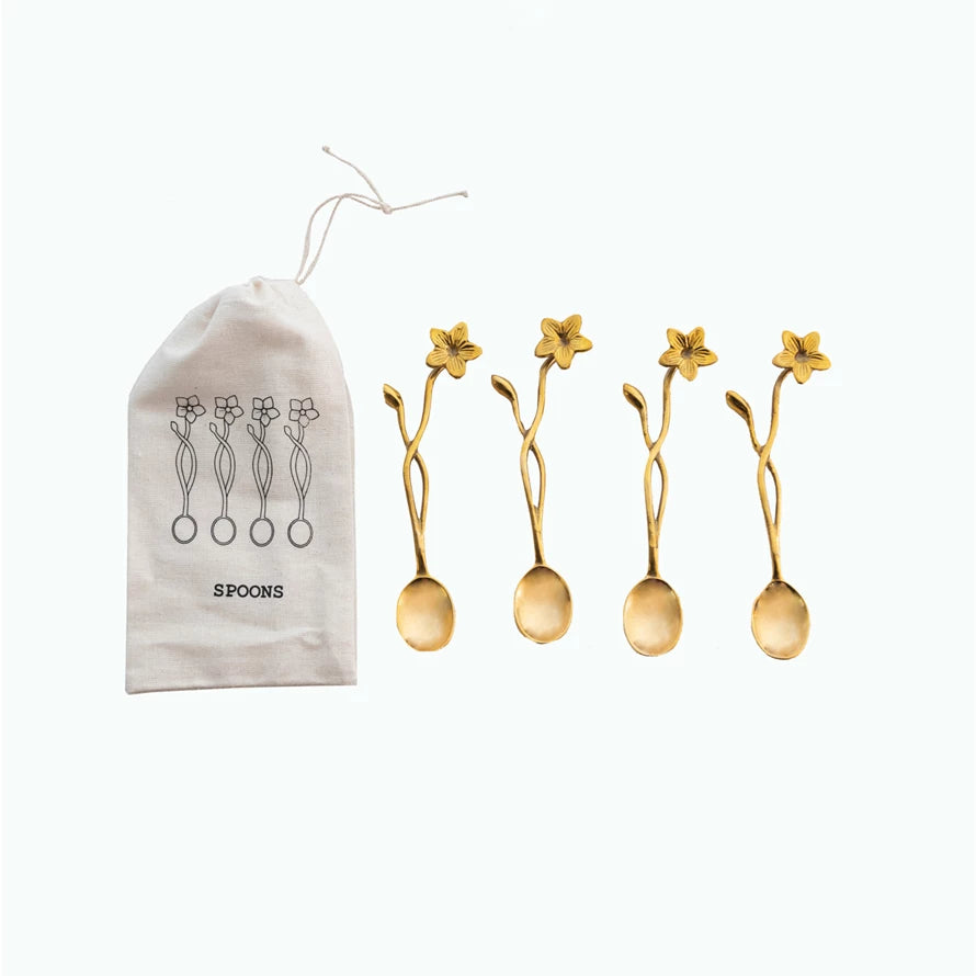 Brass Spoons w/ Flower Handles, Set of 4 in Printed Drawstring Bag