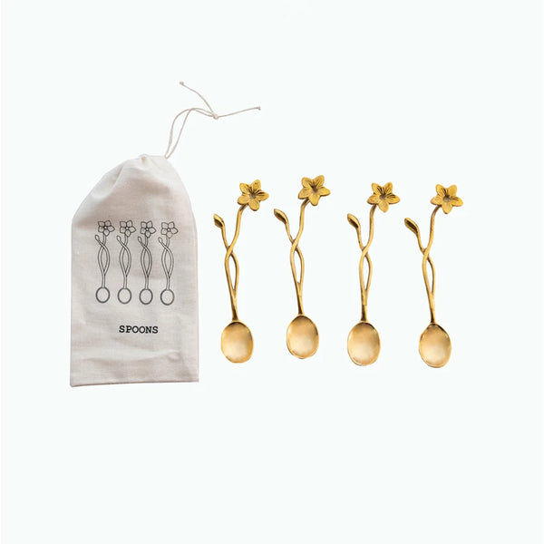 Brass Spoons w/ Flower Handles, Set of 4 in Printed Drawstring Bag