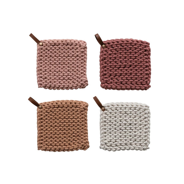 Cotton Crocheted Pot Holder w/ Leather Loop, 4 Colors