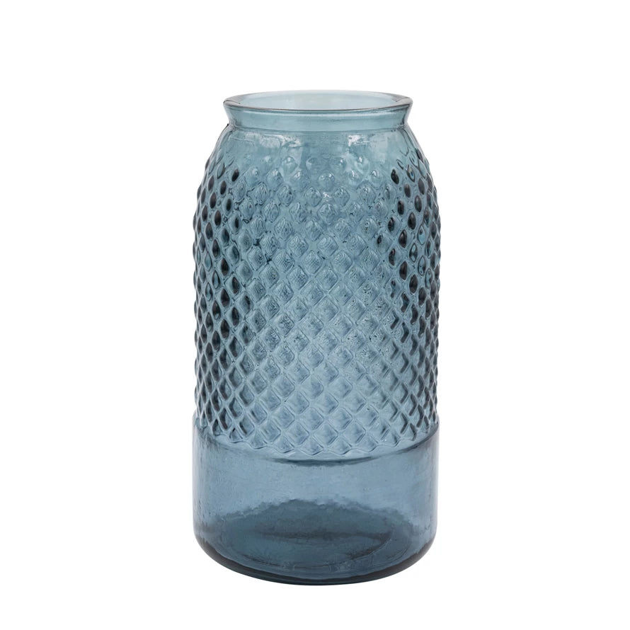 6" Round x 11"H Embossed Recycled Glass Vase, Blue
