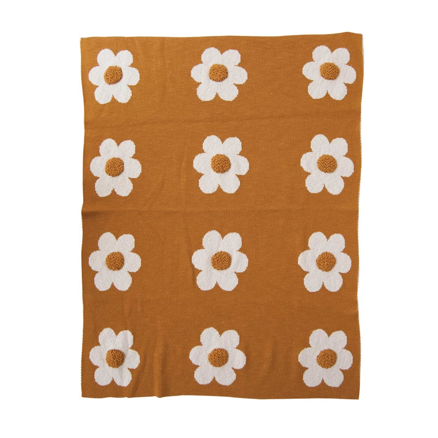 Cotton Knit Baby Blanket w/ Flowers & Tufting
